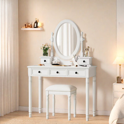 Vanity Desk With Adjustable Angle Mirror, Cushioned Stool And 5 Drawers