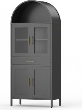 Latitude Run ?73'' Arched Cabinet with Glass Doors Metal Kitchen Pantry with Storage Drawer & 2 Adjustable Shelves Modern Display Bookcase for Living Room Dinin