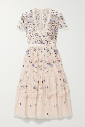 Needle & Thread Prairie Flora Ruffled Embellished Embroidered Tulle Dress - Pastel pink