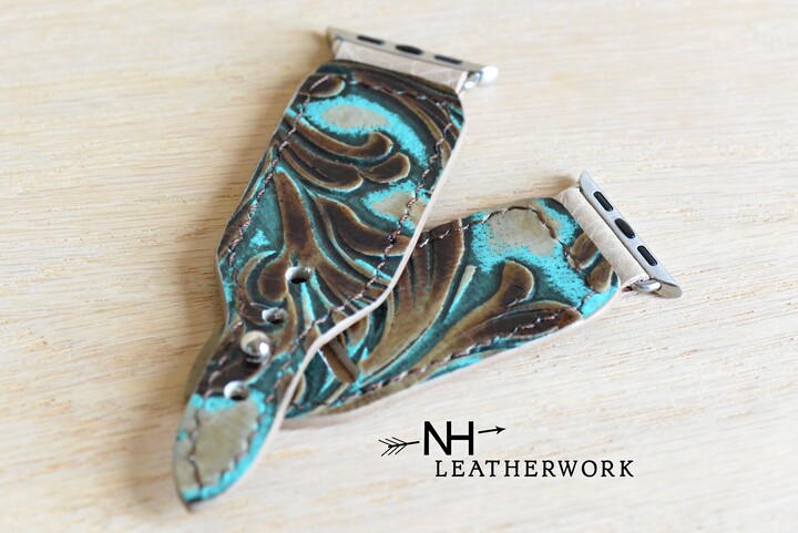 Leather Watch Band Strap, Turquoise & Tan Floral Embossed, For Apple 38/40/41mm 42/44/45/49mm Fitbit Versa 2, Samsung Galaxy