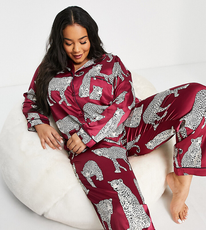 Chelsea Peers Curve premium satin revere top and pant pajama set in wine  leopard print - ShopStyle