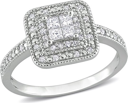 Everly Jewelry EVERLYJEWELRY|SterlingSilver1/3CTTWRound&PrincessCutDiamondQuadDoubleHaloEngagementRing