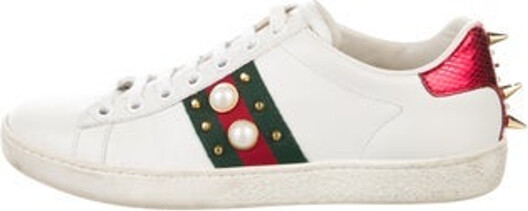 Gucci Leather Low Top Sneakers White Web Accent Rubber Trim Round-Toes with Studded Accents Lace-Up Closure at Uppers Designer