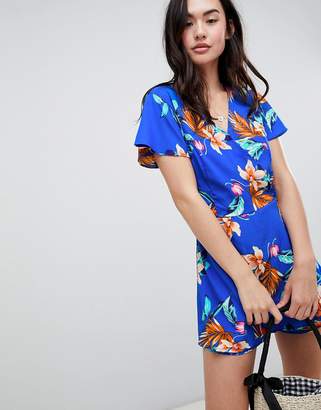 Brave Soul Wrap Front Playsuit In Hibiscus Print