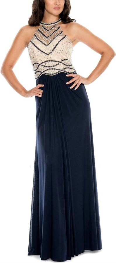 Decode 1.8 Embellished Bodice Ruched Jersey Mesh Gown In Navy Nude