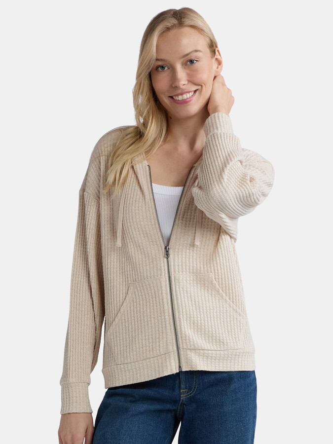Time and Tru Women’s Waffle Full Zip Hoodie with Long Sleeves, Sizes S-XXXL