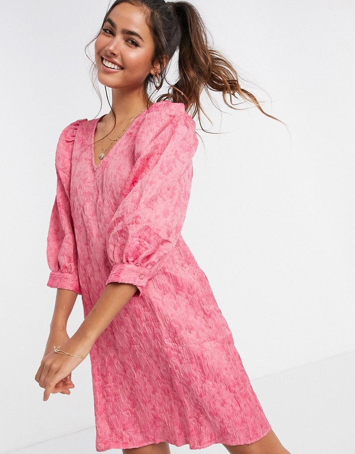 Vero Moda textured smock mini dress with puff sleeves in pink - ShopStyle