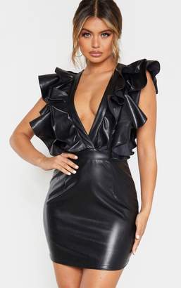 PrettyLittleThing Black Faux Leather Ruffle Detail Bodycon Dress