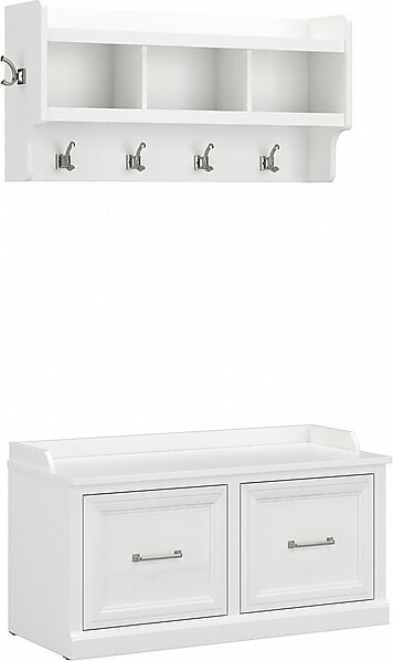 Bush Furniture Woodland 40W Shoe Storage Bench with Doors and Wall Mounted Coat Rack, White Ash (WDL003WAS)