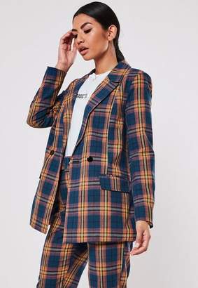 Missguided Navy Co Ord Plaid Oversized Long Blazer