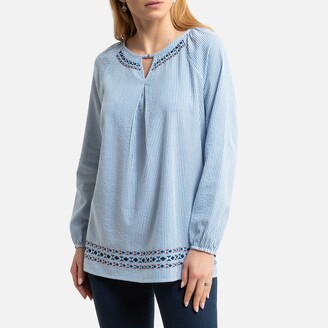 Anne Weyburn Striped Organic Cotton Blouse With Embroidery And Long Sleeves