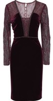 Badgley Mischka Embellished Lace-Paneled Velvet Dress