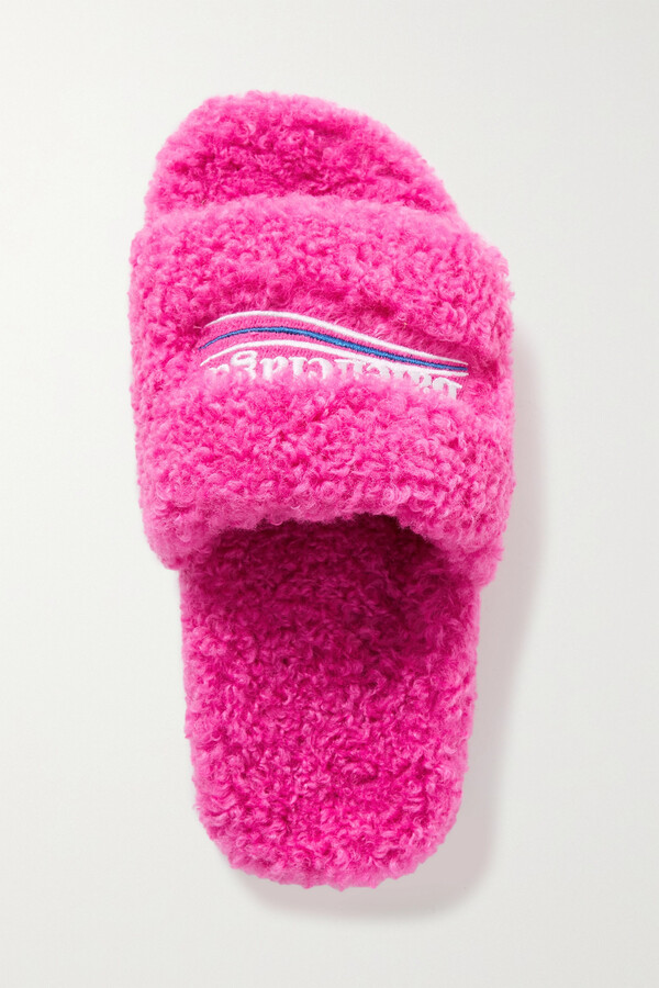 Balenciaga Furry Logo-embroidered Faux Shearling Slides - Pink