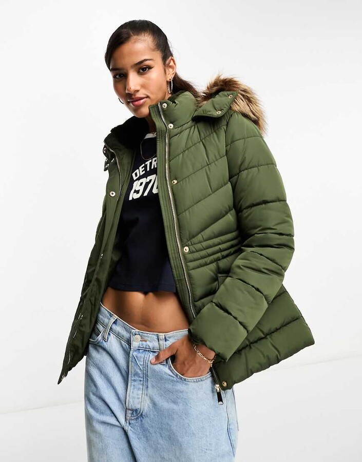 New Look puffer jacket with faux fur hood in khaki ShopStyle