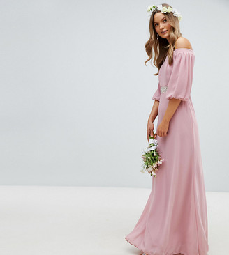 tfnc wrap maxi bridesmaid dress with tie detail and puff sleeves