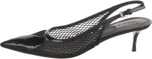 Alaia Mesh Slingback Pumps Black Patent Leather Trim Pointed-Toes Buckle Closure at Ankles