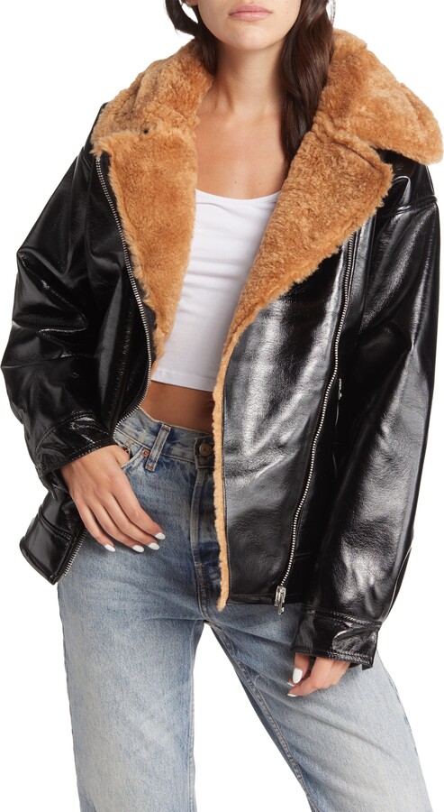 Womens Long Stripe Mesh Insert PVC Leather Faux Fur Collar PU Jacket Coat 