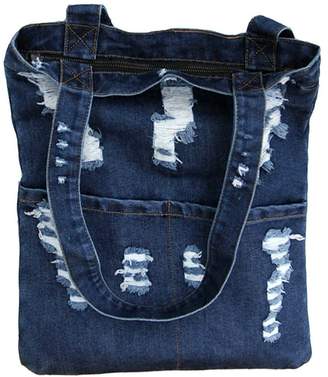 D.E.P.T FIST BUMP Women Canvas Bag Denim Holes Tote Shoulder Handbag Shopping School Large Pockets