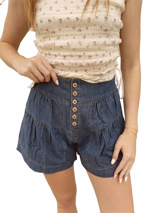 AEMI + CO High Rise Tiered Button Denim Shorts In Dark Wash
