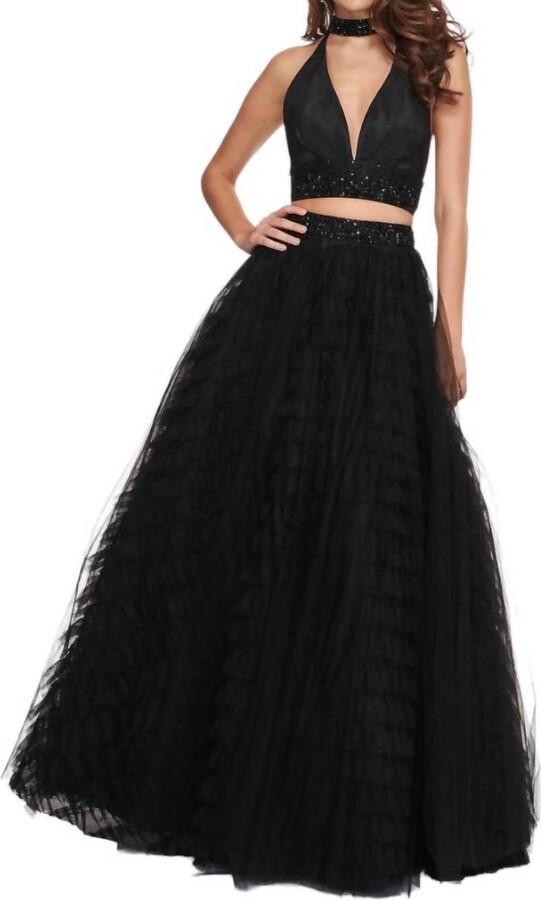 RACHEL ALLAN Two Piece Halter Ballgown Ruffles Dress With Choker In Black