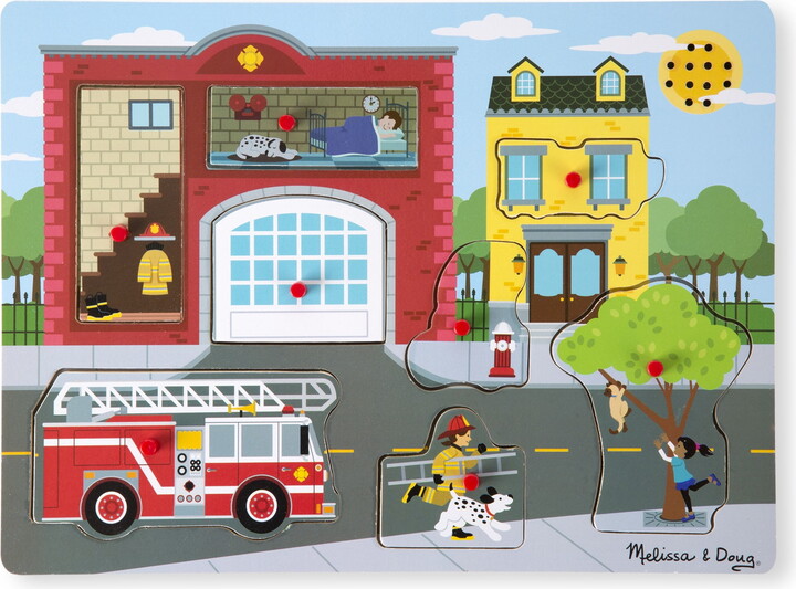 Melissa & Doug Around the Fire Station Sound Puzzle - Wooden Peg Puzzle (8 pcs)