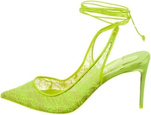 Christian Louboutin Lace Pumps Green Pointed-Toes Wrap-Around Straps & Lace-Up Closure at Ankles Designer