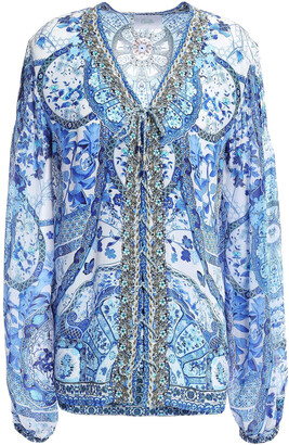 Camilla Lace-up Embellished Printed Silk Crepe De Chine Blouse