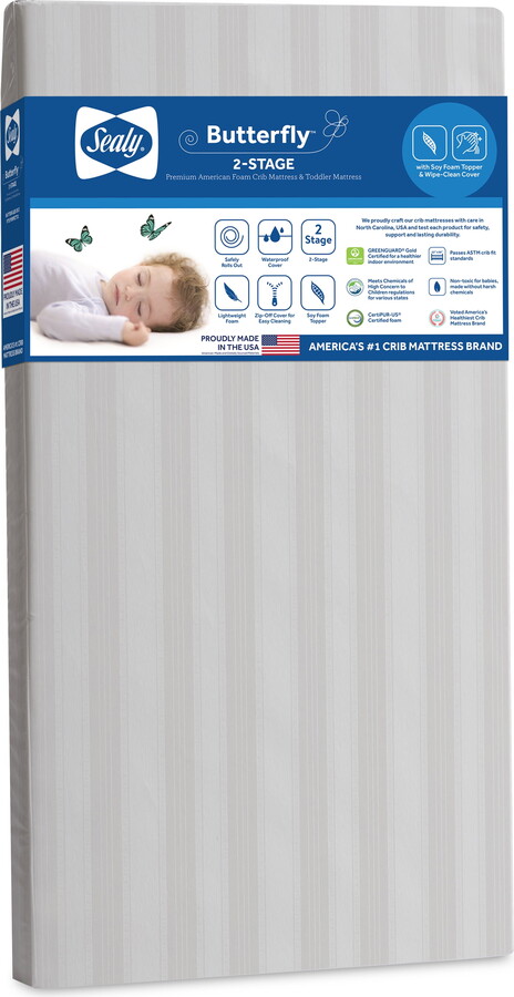 Sealy Butterfly 2-Stage Extra Firm Crib & Toddler Mattress with Waterproof Zip Cover, CERTIPUR-US Certified Foam