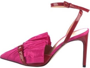 Giannico Slingback Pumps Pink & Red Pointed-Toes with Ruffle Embellishment Wrap-Around Straps & Buckle Closure at Ankles | Giannico Ruffle Embellishment Slingback Pumps in Pink/Red, Women's IT 38 | 8