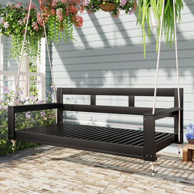 Patio Wooden Porch Swing Daybed Frame, Garden Swing Bench Chair with 4 Hanging Ropes