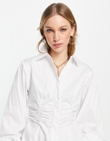 Thumbnail for your product : Selected cotton shirt with gathered waist in white - WHITE