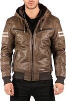 Thumbnail for your product : Aviatrix Mens Blue Black Hood Real Leather Bomber Jacket Red Stripes Quilted Slim Fit Casual - Blue