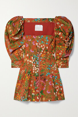 Oscar de la Renta Pleated Floral-print Cotton-blend Poplin Mini Dress - Brown