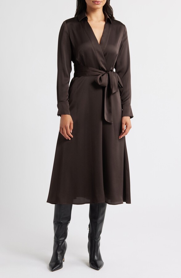 Tahari ASL Printed Long Sleeve Faux Wrap Matte Satin Shirtdress