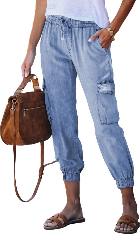 AZOKOE Women Drawstring Elastic Waistband Loose Boyfriend Pants