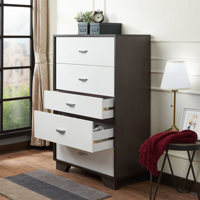 George Oliver Rectangular Wooden Dresser Chest With Five Spacious Drawers And Sturdy Metal Legs For Reliable Bedroom Storage.