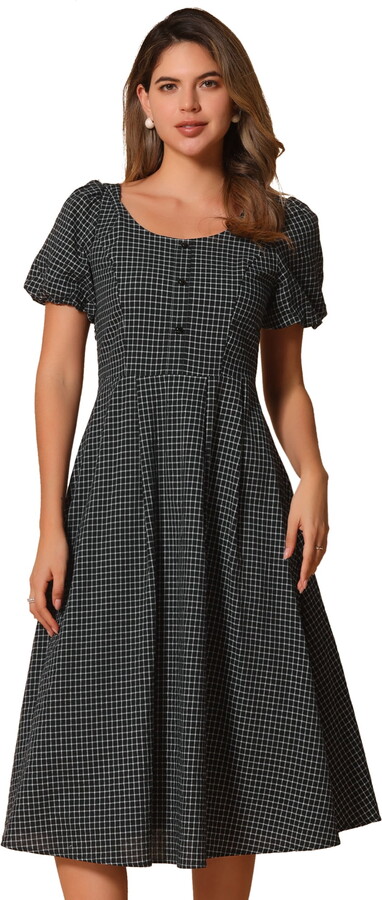DARING DIVA Smocked Back Puff Short Sleeve Midi Dress L Black