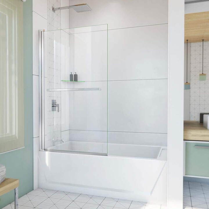 DreamLine Aqua-Q Swing 34 in. W x 58 in. H Pivot Frameless Tub Door in Chrome with Clear Glass