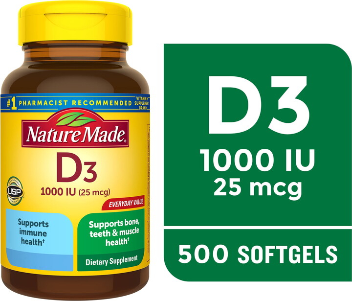 Nature Made Vitamin D3 1000 IU (25 mcg) Softgels, Dietary Supplement for Bone and Immune Health Support, 500 Count