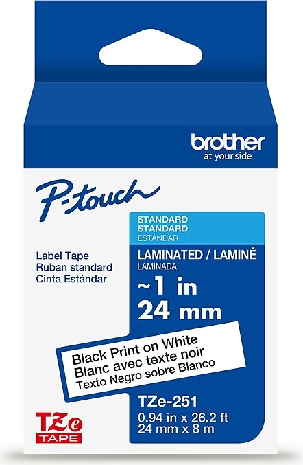 Brother P-touch Laminated Label Tape, 1" x 26.2', Black on White (TZe251)