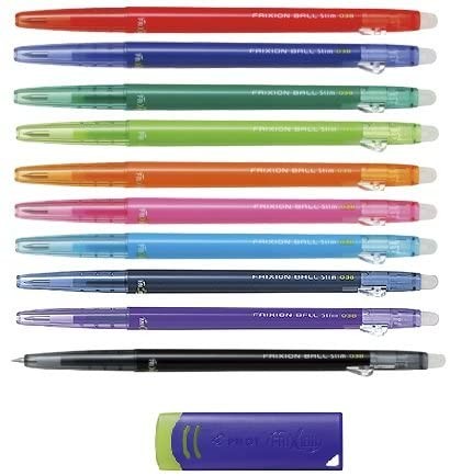 Pilot FriXion Ball Slim 038 Retractable Erasable Gel Ink Pen, Extra Fine Point, 0.38mm, 10 Color Set & FriXion Eraser