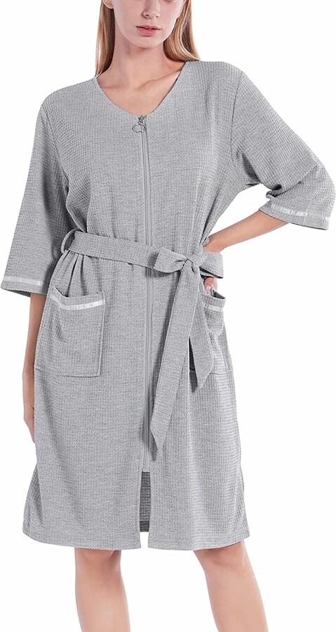 Balems Women Zipper Robe Half Sleeve Housecoat Cotton Waffle Knit Robe Zip  up Bathrobes Short Nightgown Loungewear with Pockets - ShopStyle