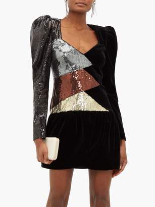Dundas Puff-sleeve Sequinned Velvet Mini Dress - Womens - Black Multi