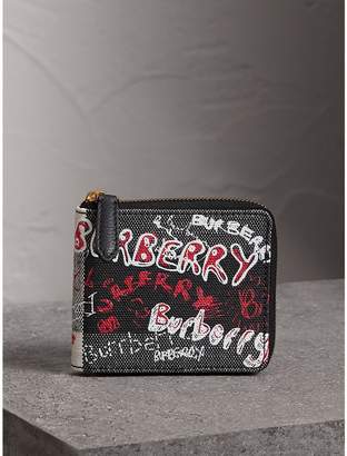 Burberry Doodle Print Coated Check Canvas Ziparound Wallet