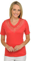 Thumbnail for your product : Allison Daley Petite Knit Short Sleeve Soft V Neck with Hotfix and Embellishment-ORANGE-Petite Small