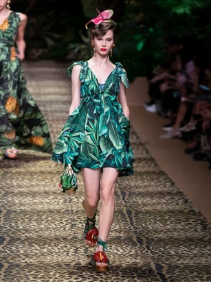 Dolce & Gabbana Tie-strap Jungle-print Cotton Mini Dress - Green Multi