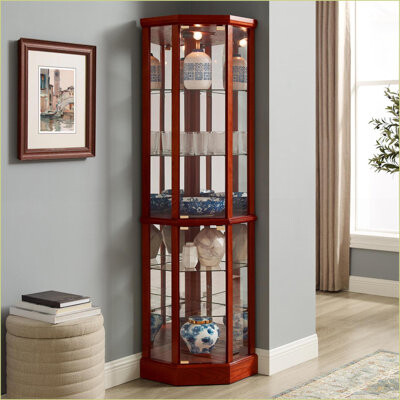 Corner Curio Cabinets, Lighted with Adjustable Tempered Glass Shelves & Mirrored Back | Traditional | Living Room