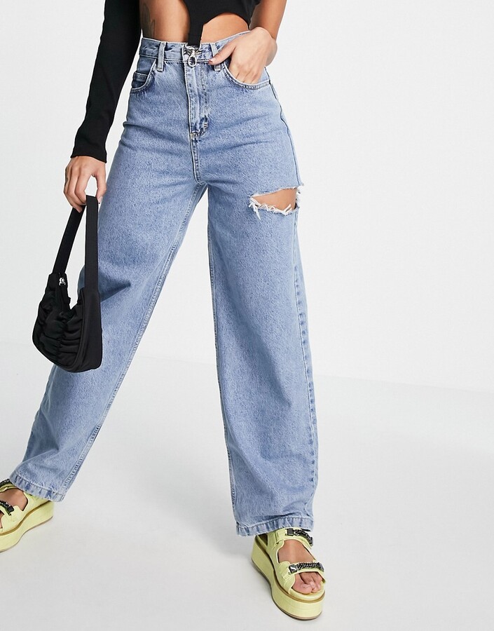 Topshop Baggy jeans with side rip in mid blue - ShopStyle