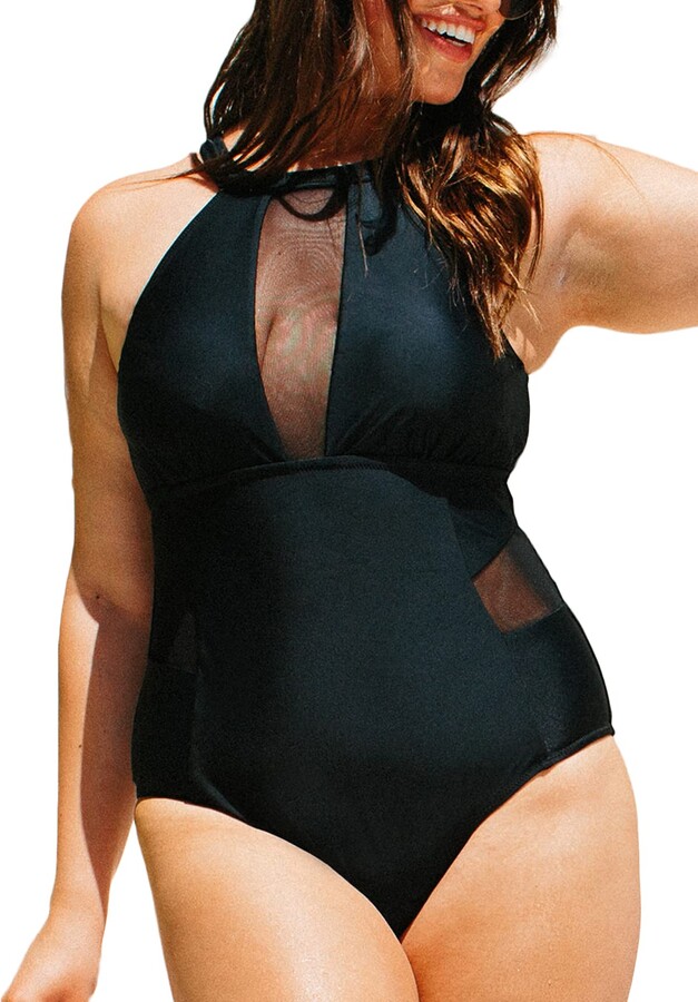 CUPSHE Women's One Piece Plus Size Swimsuit Black Mesh High Neck Bathing  Suit - ShopStyle