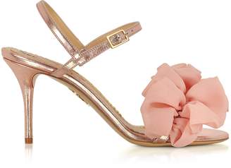 Charlotte Olympia Reia Rose Gold Metallic Leather and Pink Organza Heel Sandals